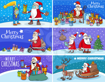 Cartoon illustration of Christmas greeting cards set with Santa Claus characters