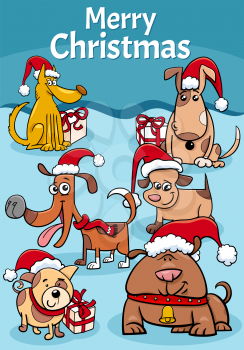 greeting card illustration with cartoon dogs characters on Christmas time