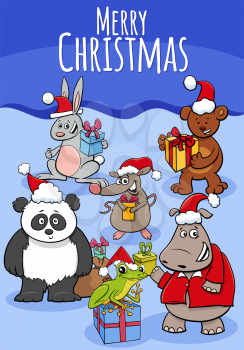 greeting card illustration with cartoon animal characters on Christmas time
