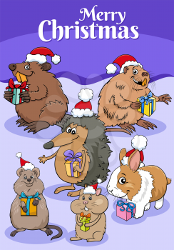 greeting card cartoon illustration with animal characters on Christmas time