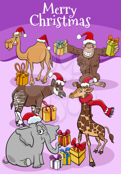greeting card illustration with cartoon animal characters with Christmas presents