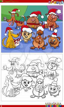 Cartoon illustration of dogs characters with presents on Christmas time coloring book page