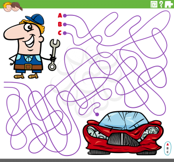 Cartoon illustration of lines maze puzzle game with car mechanic character and broken car