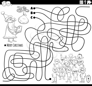 Black and white cartoon illustration of lines maze puzzle game with Santa Claus character and children group on Christmas time coloring book page