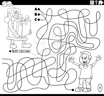 Black and white cartoon illustration of lines maze puzzle game with Santa Claus character with big present and happy boy on Christmas time coloring book page