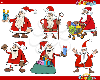 Cartoon illustration of Santa Claus characters set on Christmas time