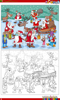 Cartoon illustration of Santa Claus characters with children on Christmas time coloring book page