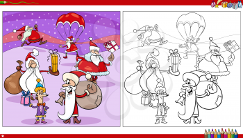Cartoon illustration of Santa Claus characters with presents on Christmas time coloring book page