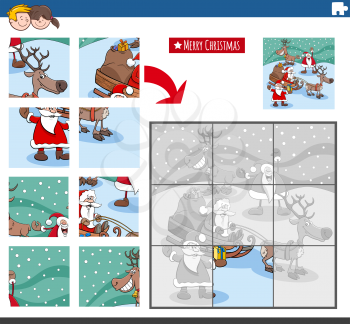 Cartoon illustration of educational jigsaw puzzle game for children with Santa Claus characters with presents on Christmas time