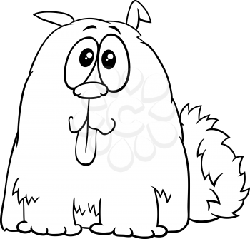 Black and white cartoon illustration of funny shaggy dog comic animal character coloring book page