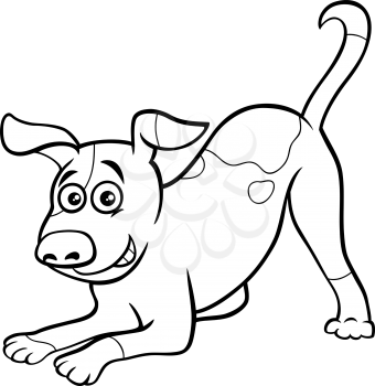 Black and white cartoon illustration of playful spotted dog comic animal character coloring book page