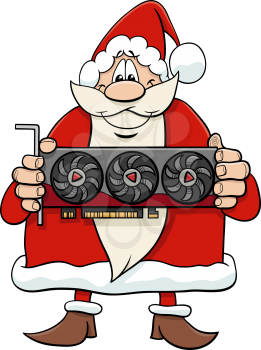 Cartoon illustration of happy Santa Claus character with graphics card on Christmas time