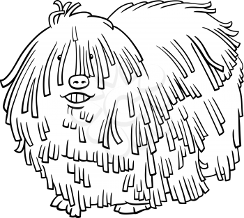 Black and white cartoon illustration of komondor or Hungarian sheepdog purebred dog animal character coloring book page