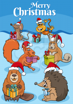 greeting card illustration with cartoon animal characters with presents on Christmas time