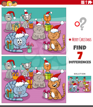 Cartoon illustration of finding differences between pictures educational game for children with funny cats characters on Christmas time