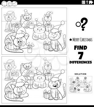 Black and white cartoon illustration of finding differences between pictures educational game for children with funny cats characters on Christmas time coloring book page