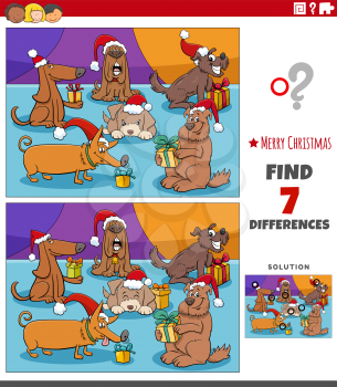 Cartoon illustration of finding differences between pictures educational game for children with funny dogs characters on Christmas time