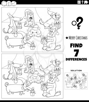 Black and white cartoon illustration of finding differences between pictures educational game for children with funny dogs characters on Christmas time coloring book page
