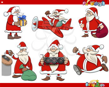 Cartoon illustration of funny Santa Claus characters set on Christmas time
