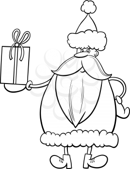Black and white cartoon illustration of funny Santa Claus character with Christmas present coloring book page