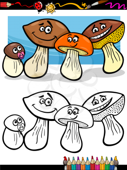 Royalty Free Clipart Image of Cute Mushrooms in Colour and Black and White