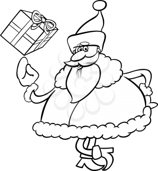 Royalty Free Clipart Image of a Cartoon Santa Holding a Gift