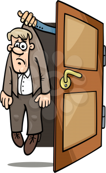 Royalty Free Clipart Image of a Man Being Thrown Out of a Door by a Hand