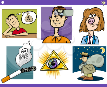 Royalty Free Clipart Image of a Set of Cartoon Concepts,  Ideas and Metaphors with Funny Characters