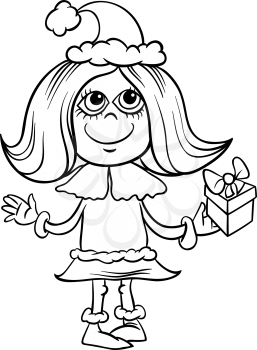 Royalty Free Clipart Image of a Girl in a Santa Costume Holding a Gift