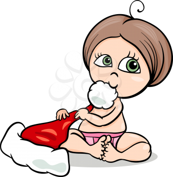 Royalty Free Clipart Image of a Baby Holding a Santa Hat