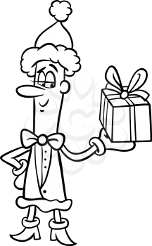 Black and White Cartoon Illustration of Christmas Elf with Present for Coloring Book