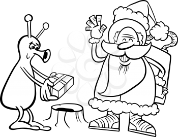 Black and White Cartoon Illustration of Santa Claus in Space giving Christmas Present to Funny Alien for Coloring Book