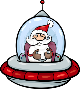 Cartoon Illustration of Santa Claus flying in Spaceship on Christmas Time