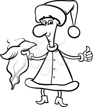 Black and White Cartoon Illustration of Man wearing Santa Claus Costume on Christmas Time for Coloring Book