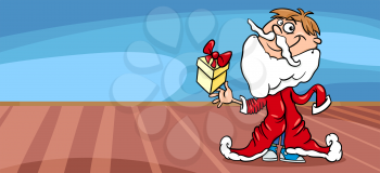 Greeting Card Cartoon Illustration of Cute Little Boy in Santa Claus Costume with Christmas Present
