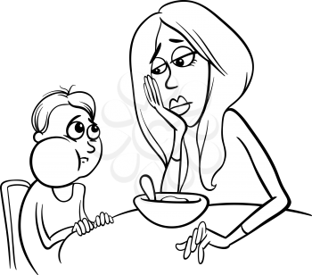 Black and White Cartoon Illustration of Cute Poor Eater Boy with his Mum having a Meal for Coloring Book