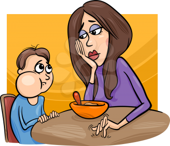 Cartoon Illustration of Cute Poor Eater Boy with his Mum having a Meal