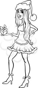 Black and White Cartoon Illustration of Beautiful Girl or Woman in Santa Claus Costume on Christmas Time for Coloring Book