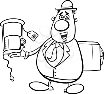 Black and White Cartoon Illustration of Funny Salesman or Bagman with Coffee Maker for Coloring Book