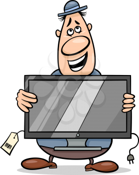 Cartoon Illustration of Funny Salesman or Bagman with Television Set
