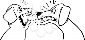 Black and White Cartoon Illustration of Two Angry Barking and Growling Dogs for Coloring Book