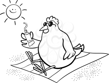 Black and White Cartoon Illustration of Chicken or Hen on the Beach with Suntan Cream for Coloring Book