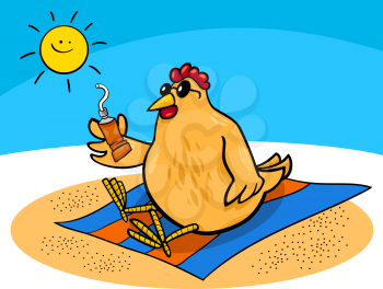 Cartoon Illustration of Chicken or Hen on the Beach with Suntan Cream