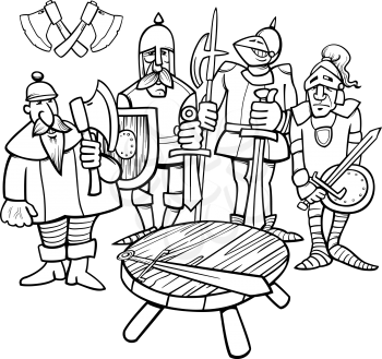 Black and White Cartoon Illustration of Legendary Knights of the Round Table for Coloring Book