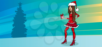 Royalty Free Clipart Image of a Girl in a Santa Suit Holding a Gift