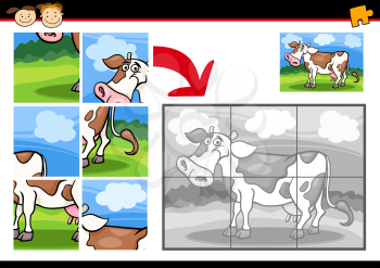 Cartoon Illustration of Education Jigsaw Puzzle Game for Preschool Children with Funny Cow Farm Animal
