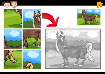 Cartoon Illustration of Education Jigsaw Puzzle Game for Preschool Children with Funny Horse Farm Animal