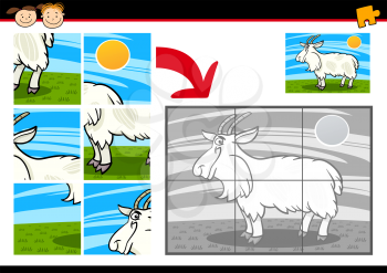 Cartoon Illustration of Education Jigsaw Puzzle Game for Preschool Children with Funny Goat Farm Animal
