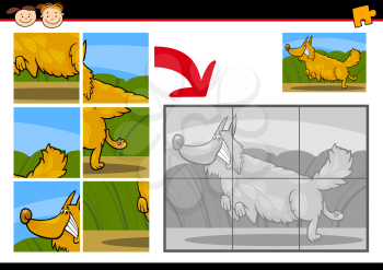 Cartoon Illustration of Education Jigsaw Puzzle Game for Preschool Children with Funny Shaggy Dog