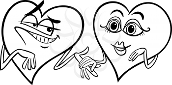 Black and White Cartoon Illustration of Two Hearts in Love on Valentine Day for Coloring Book
